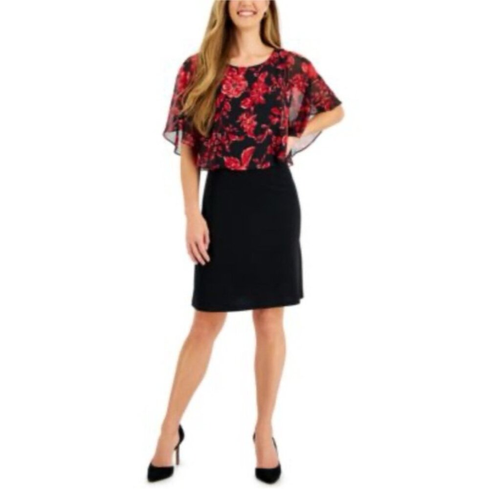 Connected Dress 14 Black Red Sheath Flowy Cape Wedding Party Cruise Event NEW